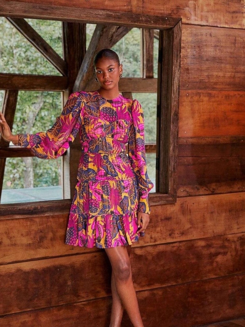 FARM Rio Yellow Fruit Dream Long Sleeve Mini Dress NWT | Tropical Print | Sz XL - Picture 4 of 9
